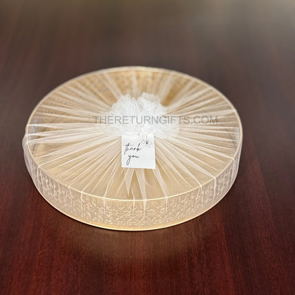12" Round Gold Cutwork Tray | TRG0039 | Gold Finish Metal Round Cutwork & Hamper Tray Under ₹400 | Elegant Wedding, Festive Return Gift Packaging Tray