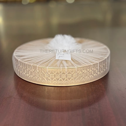 12" Round Gold Cutwork Tray | TRG0039 | Gold Finish Metal Round Cutwork & Hamper Tray Under ₹400 | Elegant Wedding, Festive Return Gift Packaging Tray