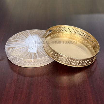 12" Round Gold Cutwork Tray | TRG0039 | Gold Finish Metal Round Cutwork & Hamper Tray Under ₹400 | Elegant Wedding, Festive Return Gift Packaging Tray