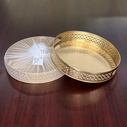 12" Round Gold Cutwork Tray | TRG0039 | Gold Finish Metal Round Cutwork & Hamper Tray Under ₹400 | Elegant Wedding, Festive Return Gift Packaging Tray