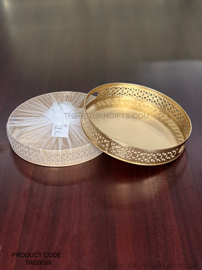 12" Round Gold Cutwork Tray | TRG0039 | Gold Finish Metal Round Cutwork & Hamper Tray Under ₹400 | Elegant Wedding, Festive Return Gift Packaging Tray