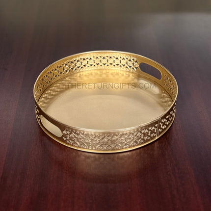 12" Round Gold Cutwork Tray | TRG0039 | Gold Finish Metal Round Cutwork & Hamper Tray Under ₹400 | Elegant Wedding, Festive Return Gift Packaging Tray