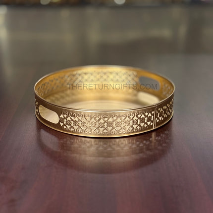 12" Round Gold Cutwork Tray | TRG0039 | Gold Finish Metal Round Cutwork & Hamper Tray Under ₹400 | Elegant Wedding, Festive Return Gift Packaging Tray