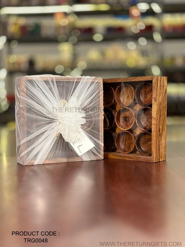 Wooden Spice Box with 9 Round Bowls & Spoon | TRG0048 | Compact Round Masala Dabba with 9 Compartments Under ₹800 | Traditional Wedding & Housewarming Return Gift