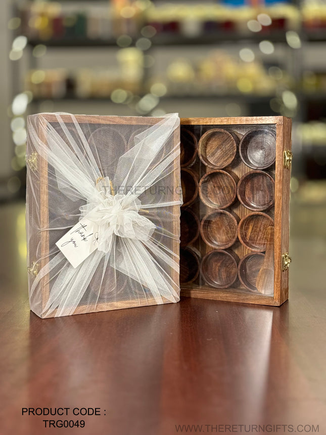 Wooden Spice Box with 12 Round Bowls & Spoon | TRG0049 | Premium 12‑Compartment Round Masala Dabba Kitchen Organizer Under ₹900 | Traditional Wedding & Housewarming Return Gift