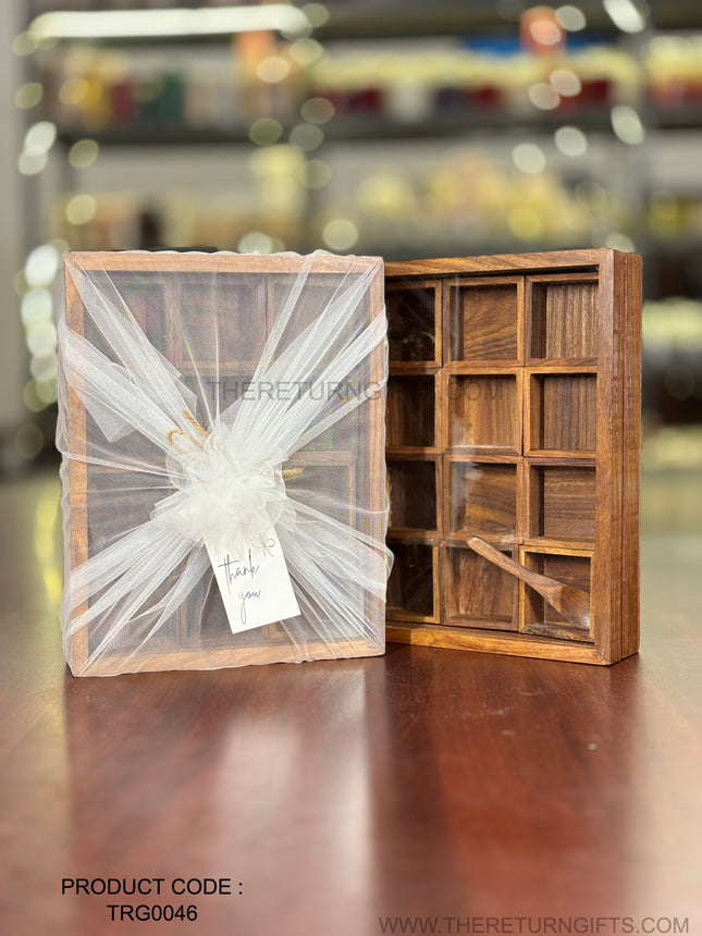 Wooden Spice Box with 12 Square Bowls & Spoon | TRG0046 | Premium 12‑Compartment Masala Dabba Kitchen Organizer Under ₹900 | Traditional Wedding & Housewarming Return Gift