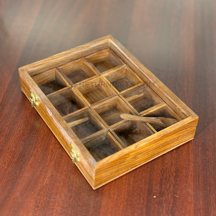 Wooden Spice Box with 12 Square Bowls & Spoon | TRG0046 | Premium 12‑Compartment Masala Dabba Kitchen Organizer Under ₹900 | Traditional Wedding & Housewarming Return Gift