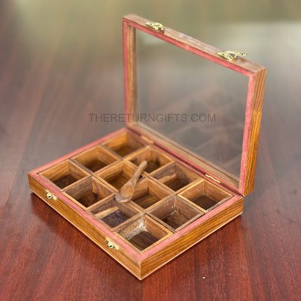 Wooden Spice Box with 12 Square Bowls & Spoon | TRG0046 | Premium 12‑Compartment Masala Dabba Kitchen Organizer Under ₹900 | Traditional Wedding & Housewarming Return Gift