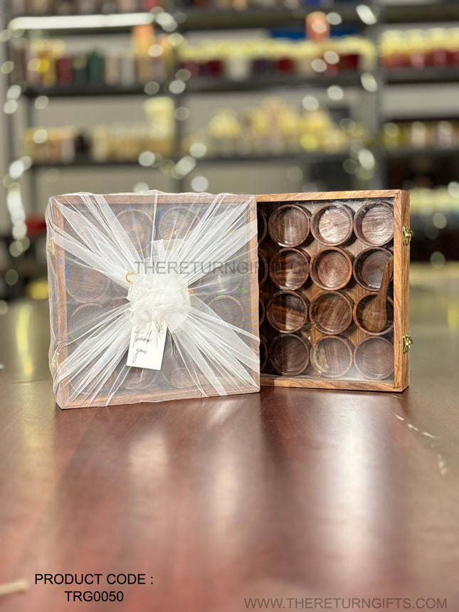 Wooden Masala Box with 16 Round Bowls & Spoon | TRG0050 | Premium 16‑Compartment Round Masala Dabba Kitchen Organizer Under ₹1000 | Traditional Wedding & Housewarming Return Gift