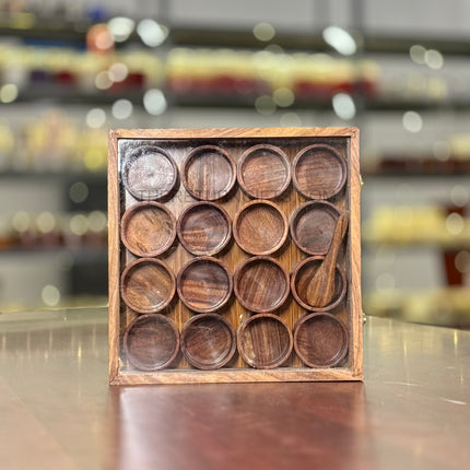 Wooden Masala Box with 16 Round Bowls & Spoon | TRG0050 | Premium 16‑Compartment Round Masala Dabba Kitchen Organizer Under ₹1000 | Traditional Wedding & Housewarming Return Gift