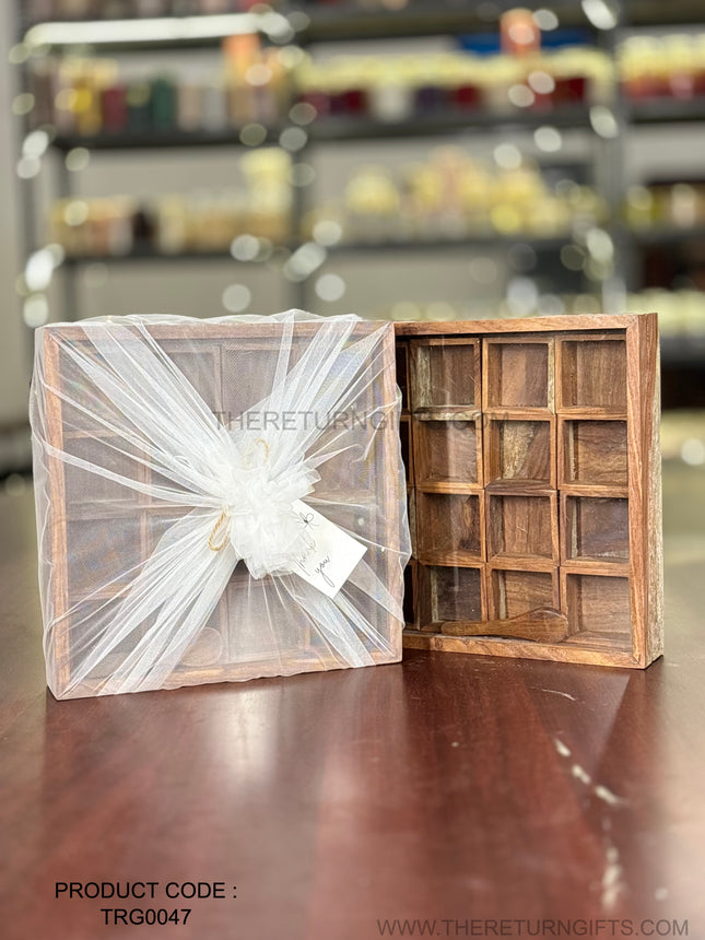 Wooden Spice Box with 16 Square Bowls & Spoon | TRG0047 | Premium Masala Dabba Kitchen Organizer Under ₹1000 | Traditional Wedding & Housewarming Return Gift
