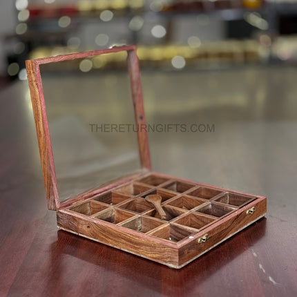 Wooden Spice Box with 16 Square Bowls & Spoon | TRG0047 | Premium Masala Dabba Kitchen Organizer Under ₹1000 | Traditional Wedding & Housewarming Return Gift