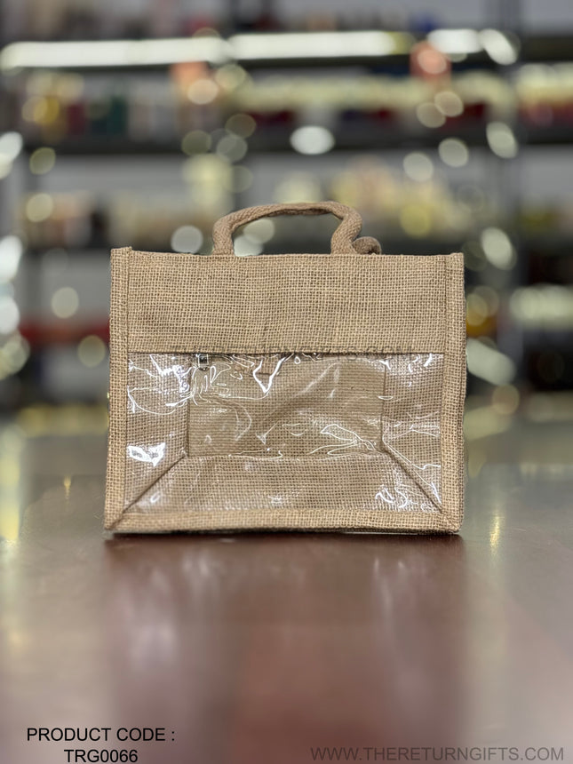 Small Horizontal Jute Bag with Transparent Front | TRG0066 | Mini Jute Window Gift Bag Under ₹100 | Eco‑Friendly Wedding & Baby Shower Return Gift
