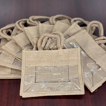 Small Horizontal Jute Bag with Transparent Front | TRG0066 | Mini Jute Window Gift Bag Under ₹100 | Eco‑Friendly Wedding & Baby Shower Return Gift