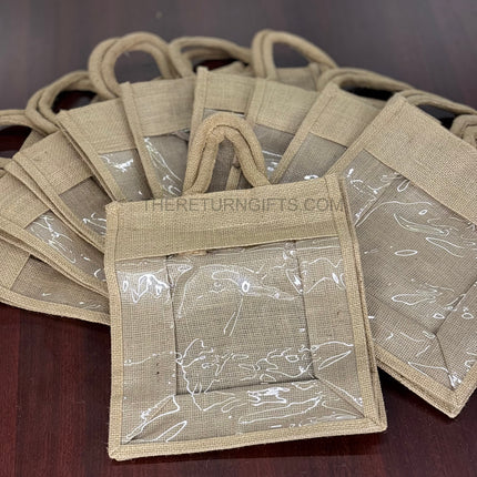 Natural Jute Bag with Transparent Front Return Gift M | TRG0067 | Medium Jute Gift Hamper Bag with Window Under ₹150 | Eco‑Friendly Wedding & Housewarming Favor