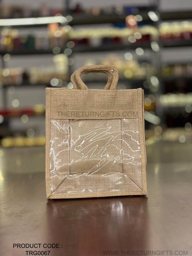 Natural Jute Bag with Transparent Front Return Gift M | TRG0067 | Medium Jute Gift Hamper Bag with Window Under ₹150 | Eco‑Friendly Wedding & Housewarming Favor