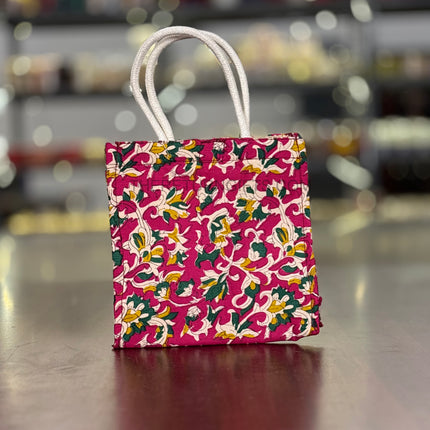 Pink Floral Fabric Jute Bag Return Gift | TRG0104 | Elegant Pink Jute Tote with Floral Fabric Panel Under ₹150 | Wedding, Kitty Party & Everyday Use Favor Bag