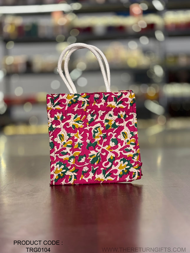 Pink Floral Fabric Jute Bag Return Gift | TRG0104 | Elegant Pink Jute Tote with Floral Fabric Panel Under ₹150 | Wedding, Kitty Party & Everyday Use Favor Bag