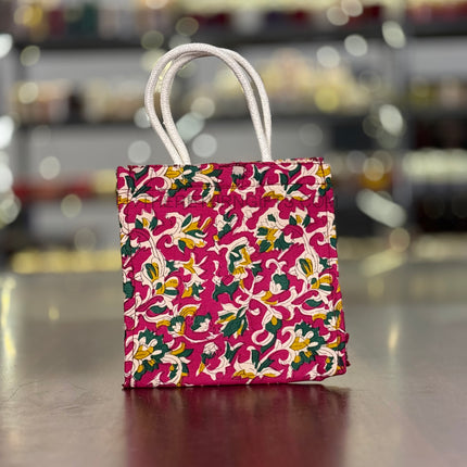 Pink Floral Fabric Jute Bag Return Gift | TRG0104 | Elegant Pink Jute Tote with Floral Fabric Panel Under ₹150 | Wedding, Kitty Party & Everyday Use Favor Bag