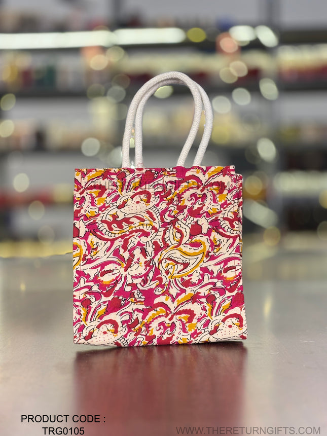 Red Floral Fabric Jute Bag Return Gift | TRG0105 | Elegant Red Jute Tote with Floral Fabric Panel Under ₹150 | Wedding, Kitty Party & Everyday Use Favor Bag