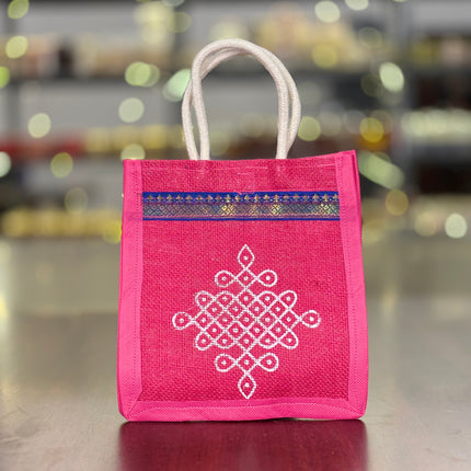 Pink Jute Bag with White Rangoli Print Return Gift | TRG0114 | Festive Rangoli Design Jute Thamboolam Bag Under ₹100 | Wedding, Housewarming & Pooja Favor