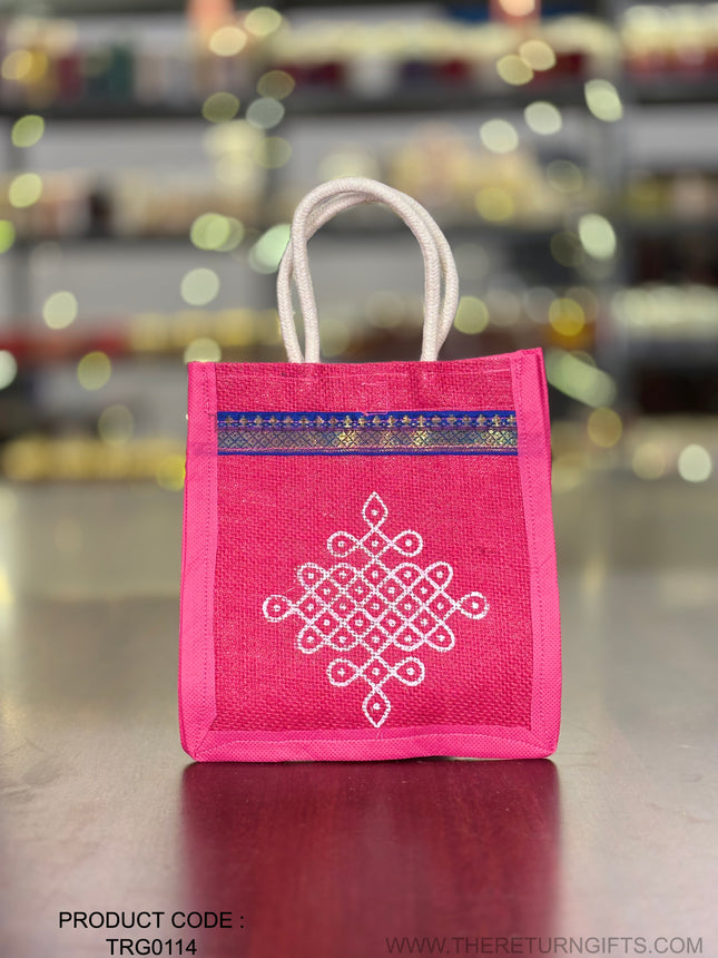 Pink Jute Bag with White Rangoli Print Return Gift | TRG0114 | Festive Rangoli Design Jute Thamboolam Bag Under ₹100 | Wedding, Housewarming & Pooja Favor