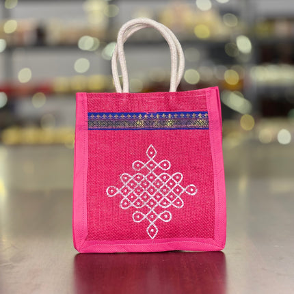 Pink Jute Bag with White Rangoli Print Return Gift | TRG0114 | Festive Rangoli Design Jute Thamboolam Bag Under ₹100 | Wedding, Housewarming & Pooja Favor