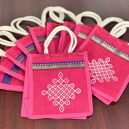 Pink Jute Bag with White Rangoli Print Return Gift | TRG0114 | Festive Rangoli Design Jute Thamboolam Bag Under ₹100 | Wedding, Housewarming & Pooja Favor