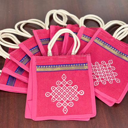 Pink Jute Bag with White Rangoli Print Return Gift | TRG0114 | Festive Rangoli Design Jute Thamboolam Bag Under ₹100 | Wedding, Housewarming & Pooja Favor