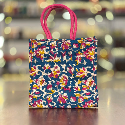 Blue Floral Fabric Jute Bag Return Gift | TRG0102 | Elegant Blue Jute Tote with Floral Fabric Panel Under ₹150 | Wedding, Kitty Party & Everyday Use Favor Bag