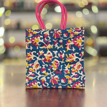 Blue Floral Fabric Jute Bag Return Gift | TRG0102 | Elegant Blue Jute Tote with Floral Fabric Panel Under ₹150 | Wedding, Kitty Party & Everyday Use Favor Bag