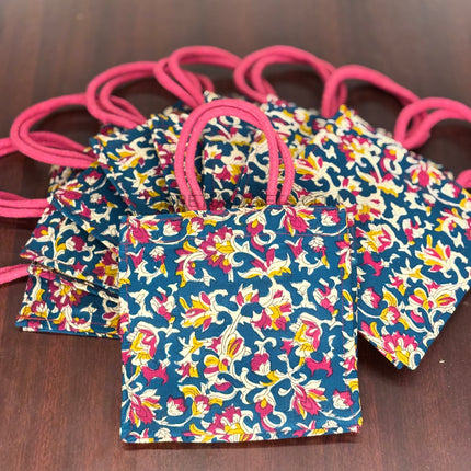 Blue Floral Fabric Jute Bag Return Gift | TRG0102 | Elegant Blue Jute Tote with Floral Fabric Panel Under ₹150 | Wedding, Kitty Party & Everyday Use Favor Bag