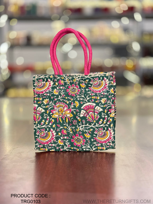 Green Floral Fabric Jute Bag Return Gift | TRG0103 | Elegant Green Jute Tote with Floral Fabric Panel Under ₹150 | Wedding, Kitty Party & Everyday Use Favor Bag