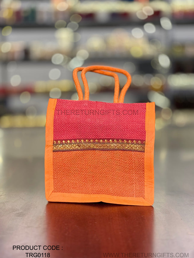 Orange & Red Jute Gift Bag with Decorative Border Return Gift | TRG0118 | Dual‑Colour Festive Jute Thamboolam Bag Under ₹100 | Wedding, Pooja & Housewarming Favor