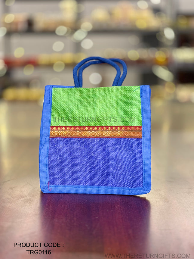 Green & Blue Jute Bag with Decorative Border Return Gift | TRG0116 | Dual‑Colour Jute Thamboolam Bag with Festive Border Under ₹100 | Wedding, Seemantham & Pooja Favor