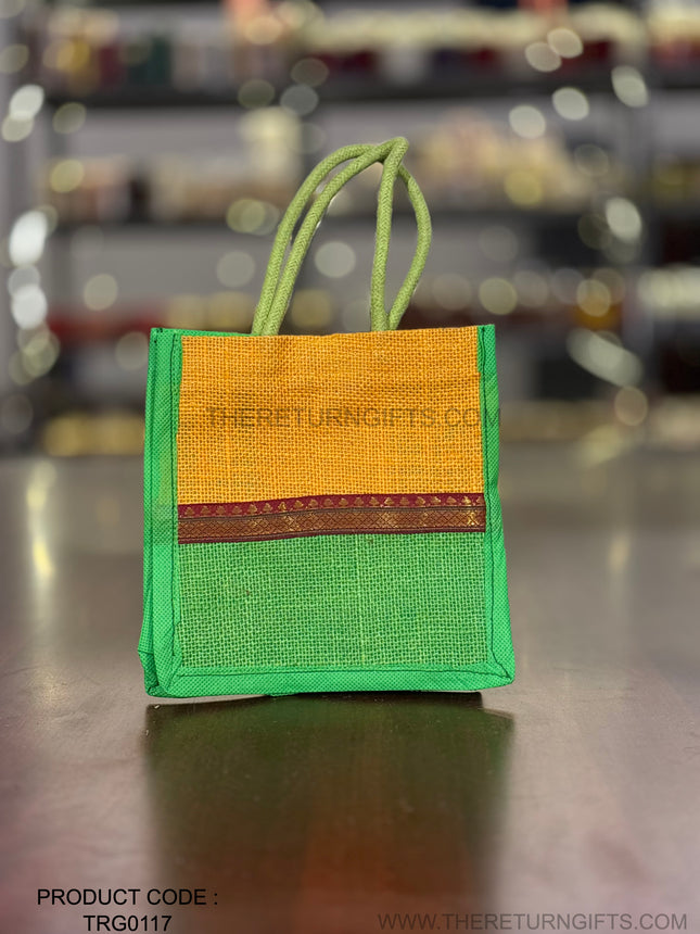 Yellow & Green Jute Bag with Decorative Border Return Gift | TRG0117 | Dual‑Colour Jute Thamboolam Bag with Festive Border Under ₹100 | Wedding, Pooja & Housewarming Favor
