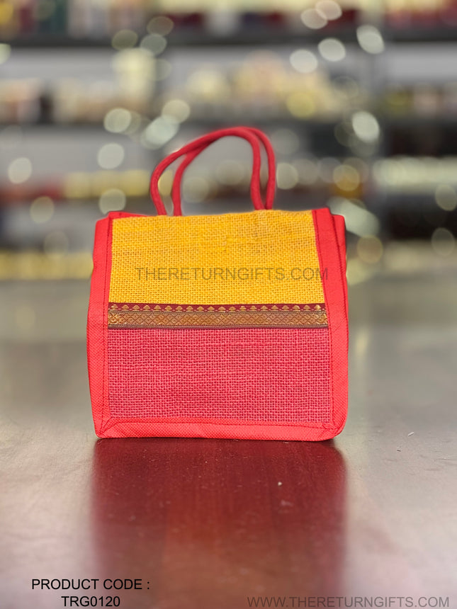 Yellow & Red Jute Bag with Decorative Border Return Gift | TRG0120 | Dual‑Colour Jute Thamboolam Bag with Festive Border Under ₹100 | Wedding, Pooja & Housewarming Favor