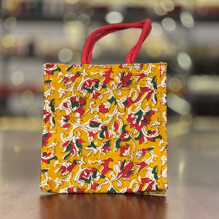 Yellow Floral Fabric Jute Bag Return Gift | TRG0107 | Printed Yellow Jute Tote with Floral Fabric Panel Under ₹150 | Wedding & Housewarming Favor