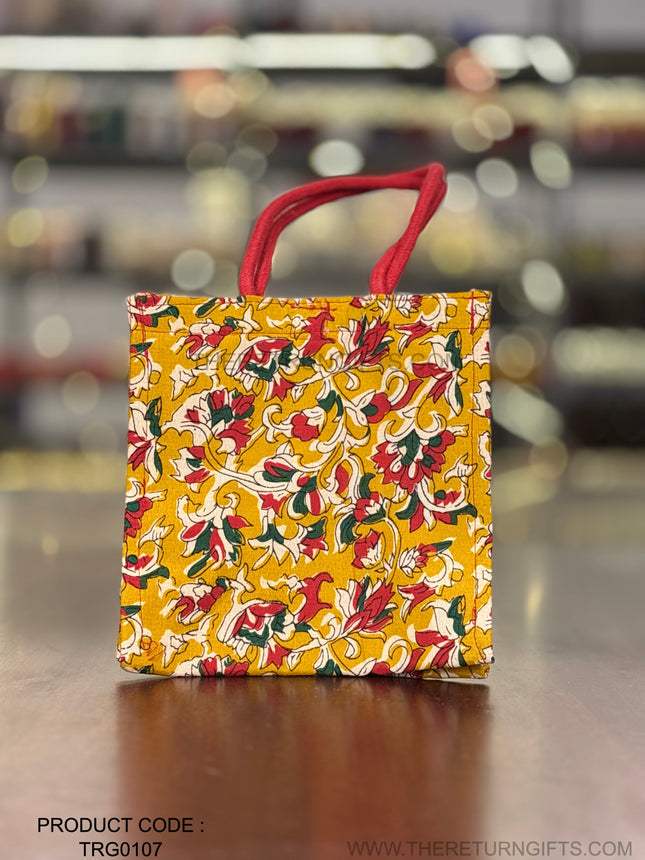 Yellow Floral Fabric Jute Bag Return Gift | TRG0107 | Printed Yellow Jute Tote with Floral Fabric Panel Under ₹150 | Wedding & Housewarming Favor