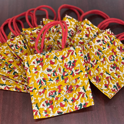 Yellow Floral Fabric Jute Bag Return Gift | TRG0107 | Printed Yellow Jute Tote with Floral Fabric Panel Under ₹150 | Wedding & Housewarming Favor