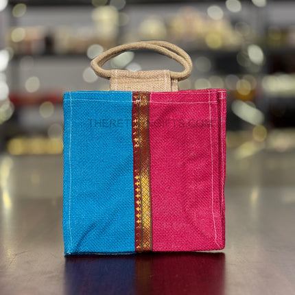 Blue & Pink Dual Panel Jute Bag with Golden Border Return Gift | TRG0121 | Dual‑Colour Festive Jute Tote Under ₹150 | Wedding & Housewarming Favor