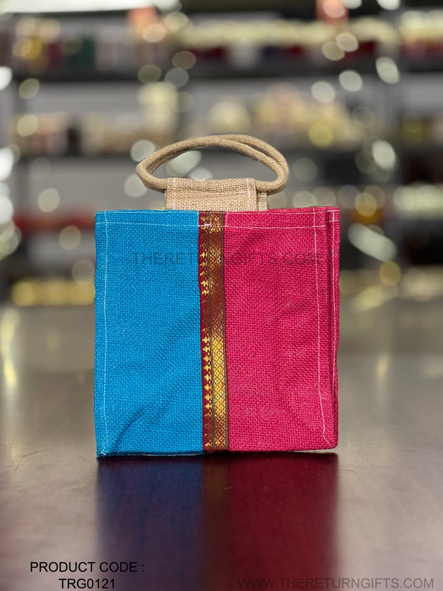 Blue & Pink Dual Panel Jute Bag with Golden Border Return Gift | TRG0121 | Dual‑Colour Festive Jute Tote Under ₹150 | Wedding, Mehendi & Kitty Party Favor Bag