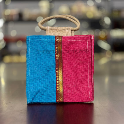 Blue & Pink Dual Panel Jute Bag with Golden Border Return Gift | TRG0121 | Dual‑Colour Festive Jute Tote Under ₹150 | Wedding & Housewarming Favor