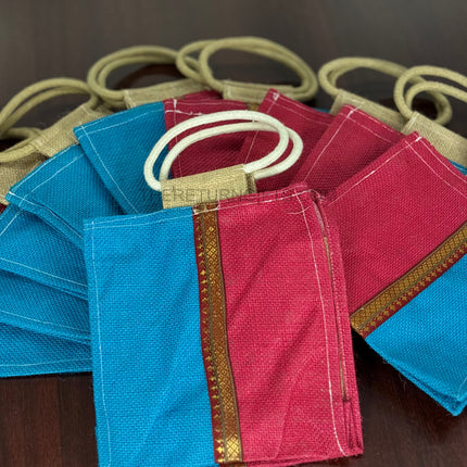Blue & Pink Dual Panel Jute Bag with Golden Border Return Gift | TRG0121 | Dual‑Colour Festive Jute Tote Under ₹150 | Wedding & Housewarming Favor