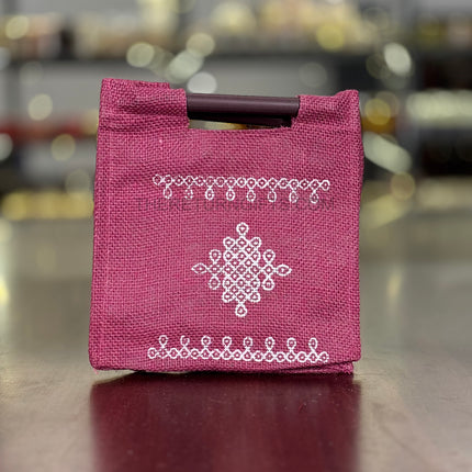 Purple Kolam Jute Bag with Wooden Handle Return Gift | TRG0112 | Handcrafted Kolam Print Jute Tote Under ₹100 | Traditional Wedding & Housewarming Favor Bag