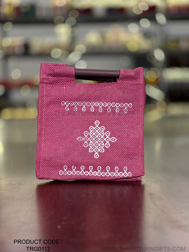 Purple Kolam Jute Bag with Wooden Handle Return Gift | TRG0112 | Handcrafted Kolam Print Jute Tote Under ₹100 | Traditional Wedding & Pooja Favor Bag