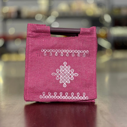 Purple Kolam Jute Bag with Wooden Handle Return Gift | TRG0112 | Handcrafted Kolam Print Jute Tote Under ₹100 | Traditional Wedding & Housewarming Favor Bag