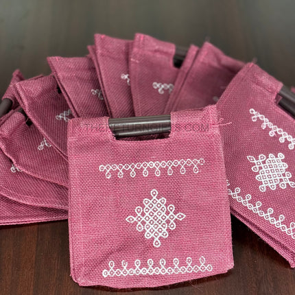 Purple Kolam Jute Bag with Wooden Handle Return Gift | TRG0112 | Handcrafted Kolam Print Jute Tote Under ₹100 | Traditional Wedding & Housewarming Favor Bag