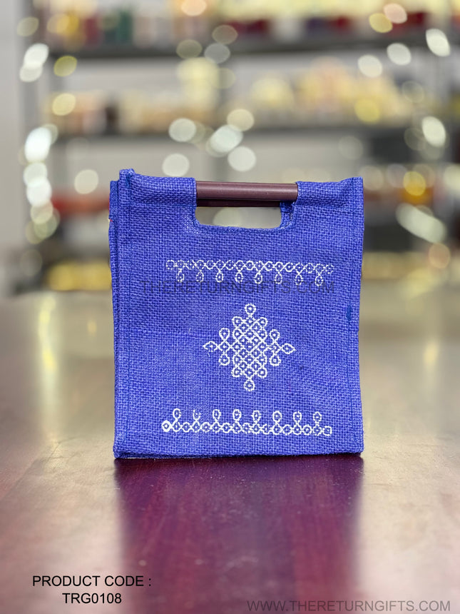 Blue Kolam Jute Bag with Wooden Handle Return Gift | TRG0108 | Handcrafted Kolam Print Jute Tote Under ₹100 | Traditional Wedding, Reception & Pooja Favor Bag