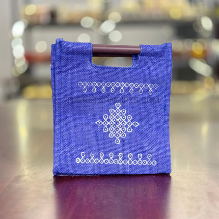Blue Kolam Jute Bag with Wooden Handle Return Gift | TRG0108 | Handcrafted Kolam Print Jute Tote Under ₹100 | Traditional Wedding, Reception & Pooja Favor Bag